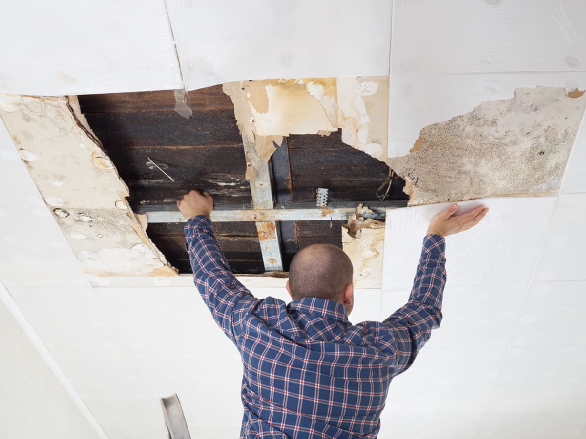 A man repairing water damage in the ceiling