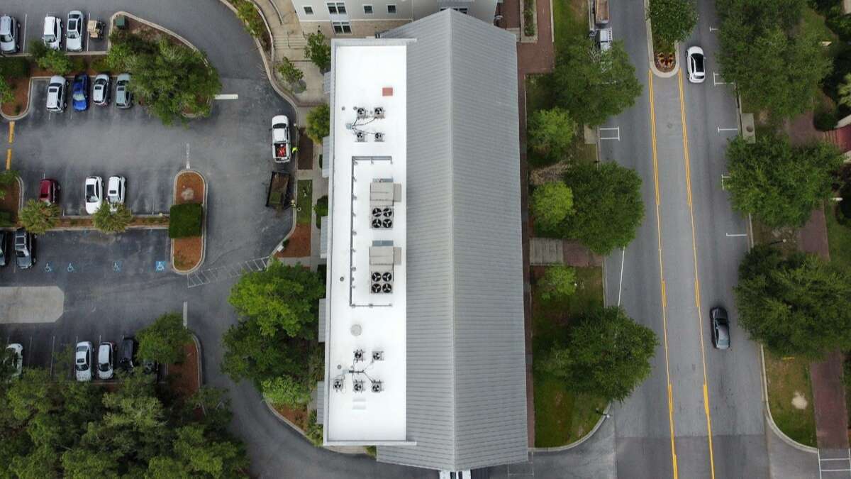 Aerial view a Roofing USA metal rooftop on a commercial building