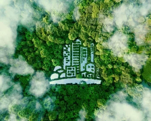A_city-shaped_lake_in_the_middle_of_a_lush_forest_as_a_representation_of_eco-friendly_urbanism_and_modern_green_living